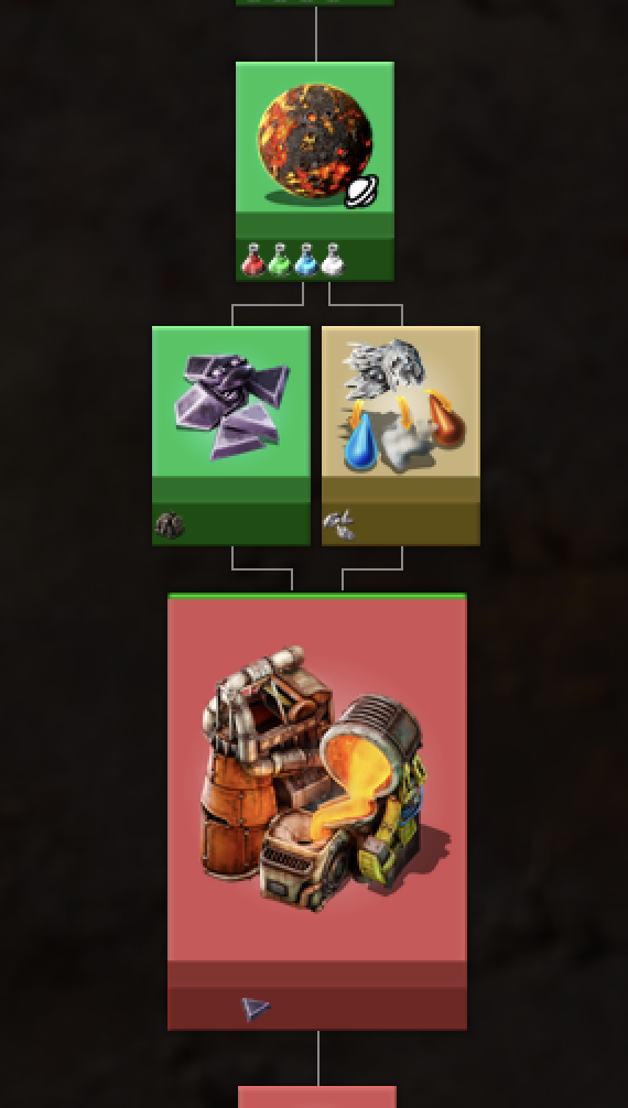 Vulcanus tech tree: Foundry (red) needs both the researched tungsten branch (green) and Calcite processing (still yellow) before it unlocks.