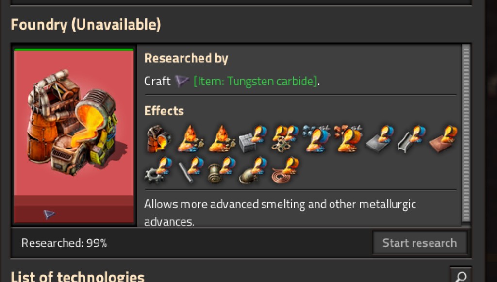 Foundry stuck at Unavailable with Researched by: Craft tungsten carbide — Start research greyed out even though the bar looks almost done.